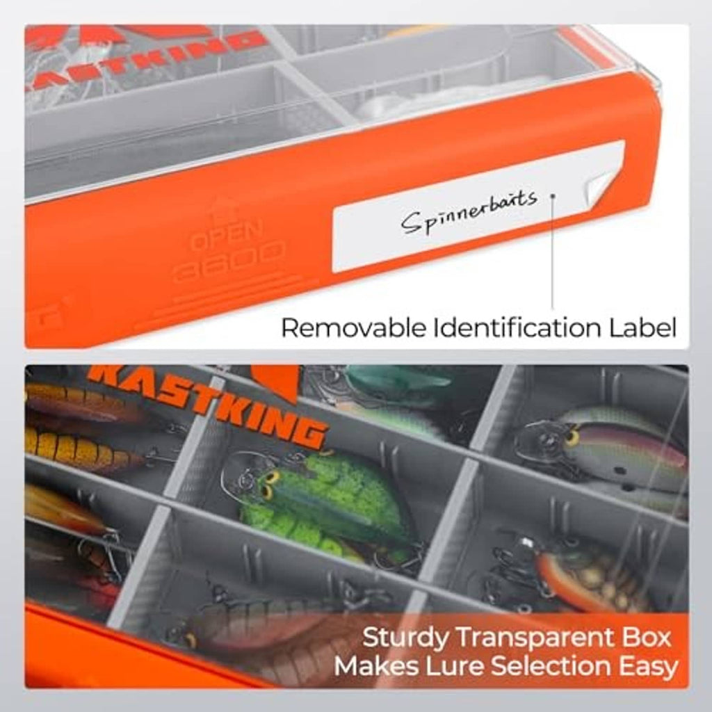 Orange waterproof tackle box with clear see-through compartments and removable label panel