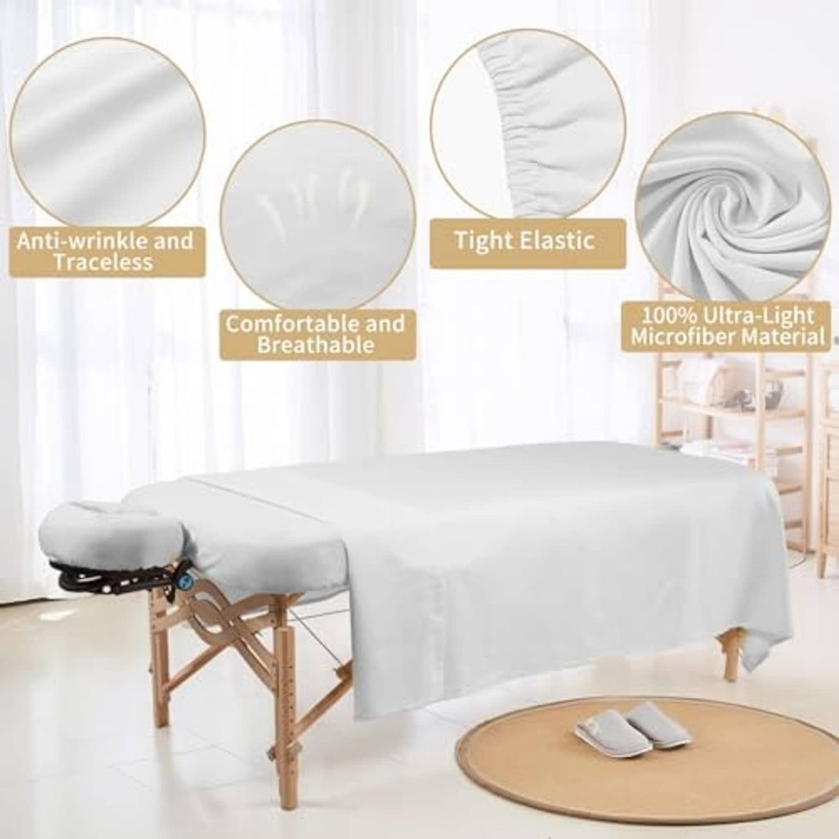 White microfiber massage table sheet set with anti-wrinkle, tight elastic fit