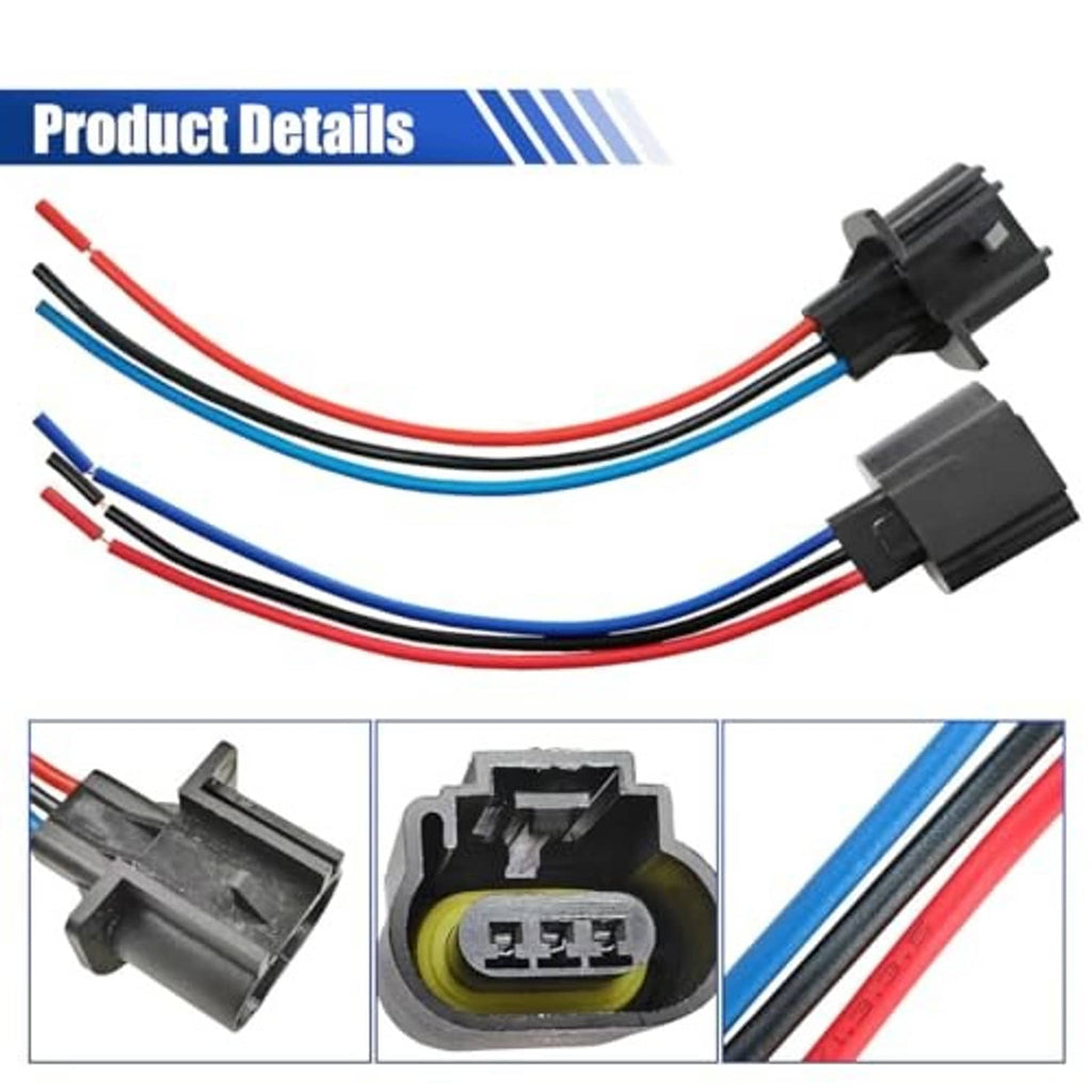 Headlight wiring harness connector set with black sockets and bundled red, blue, white wires