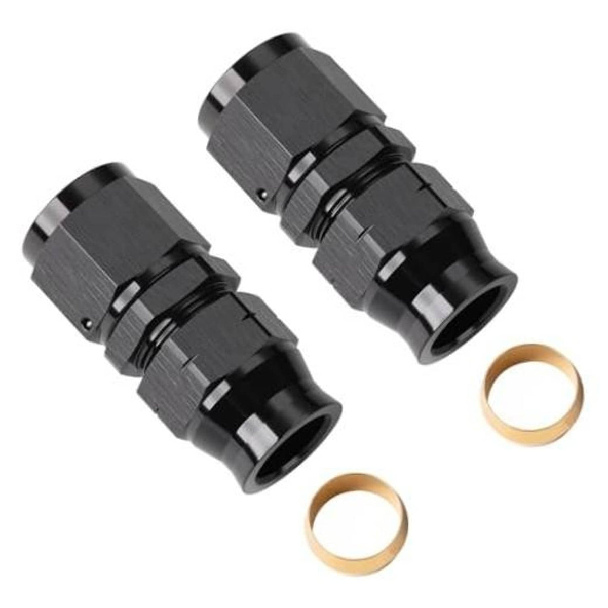 Black AN flare-to-hardline compression fitting, female end, 2-pack with brass rings