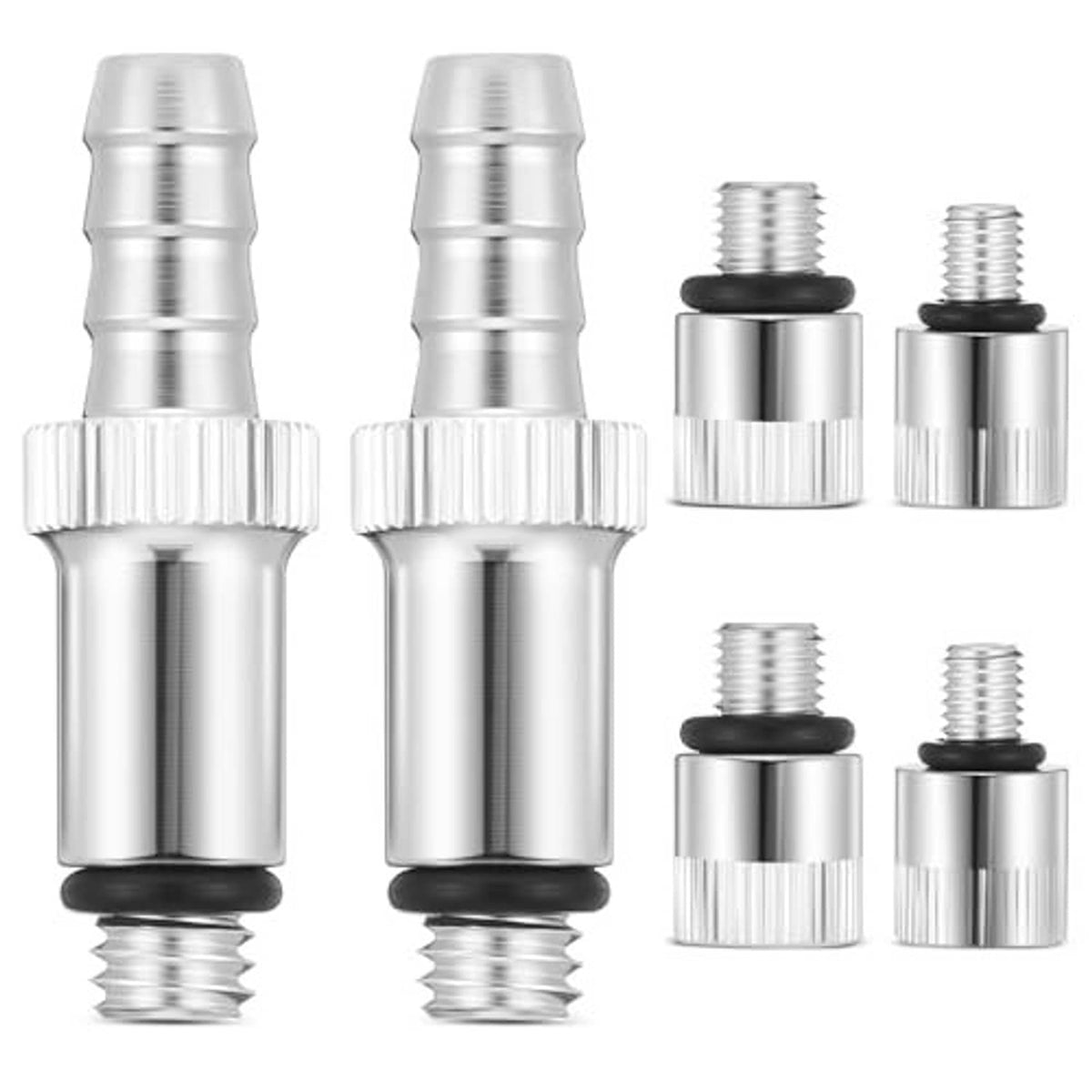 Stainless steel lower unit pump adapters, 6-piece set with black rubber seals and threads