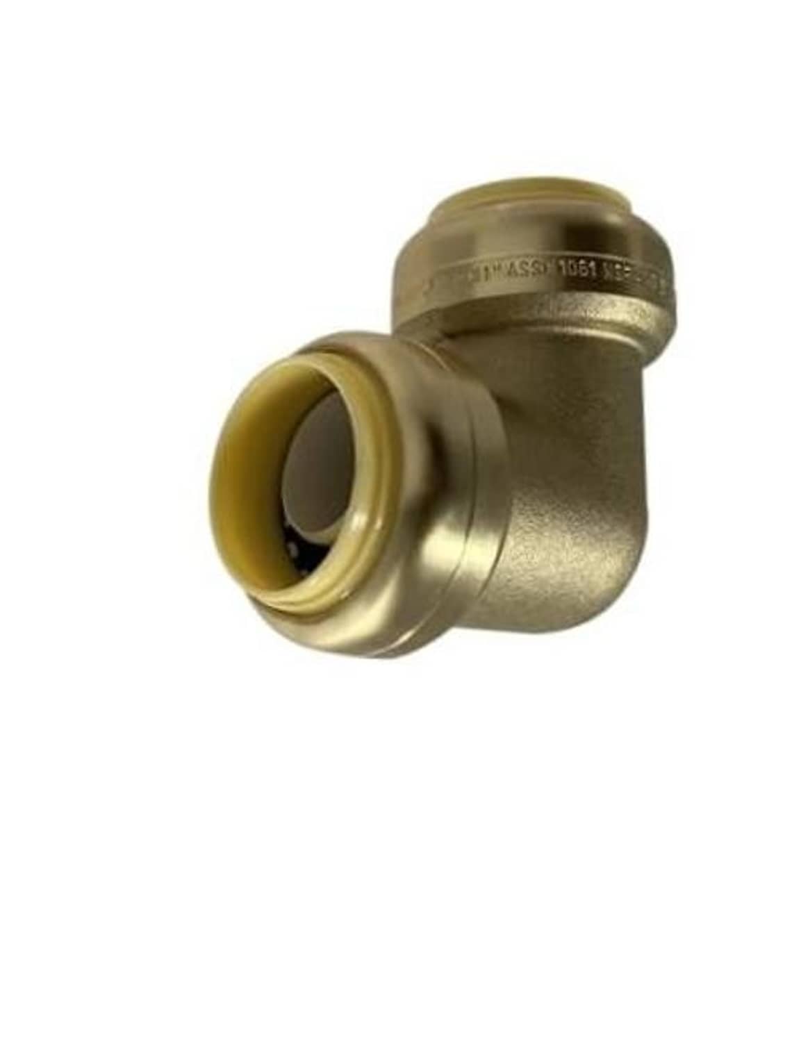 Brass 1-inch push-fit elbow fitting with angled L shape and socket port