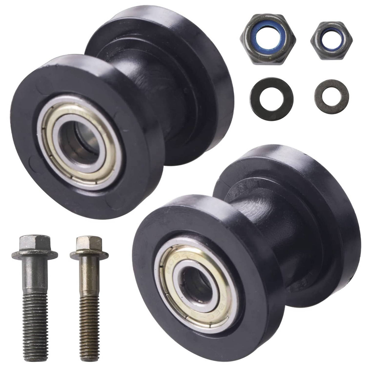 Pair of black chain roller pulley tensioner wheels with bearings and mounting bolts