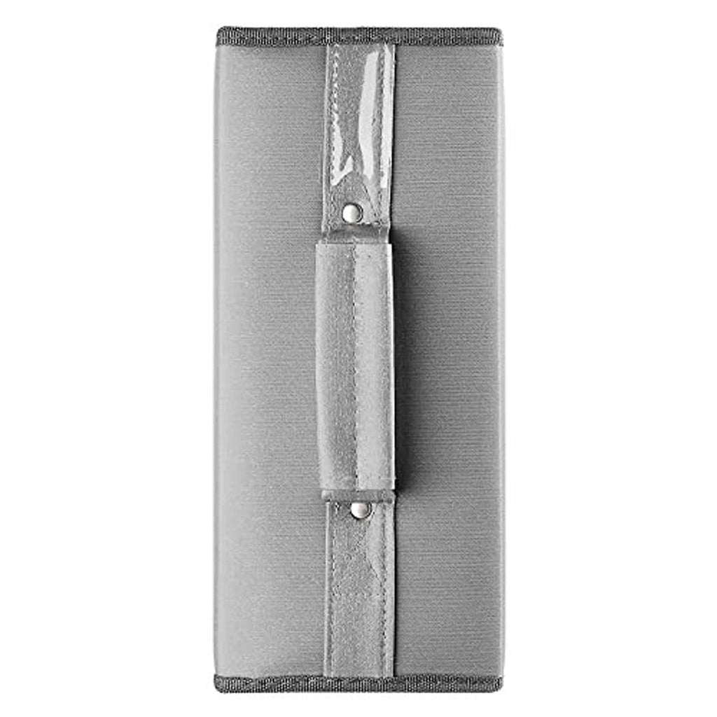 Grey nylon CD/DVD case with vertical strap pocket and top zipper on the outer cover