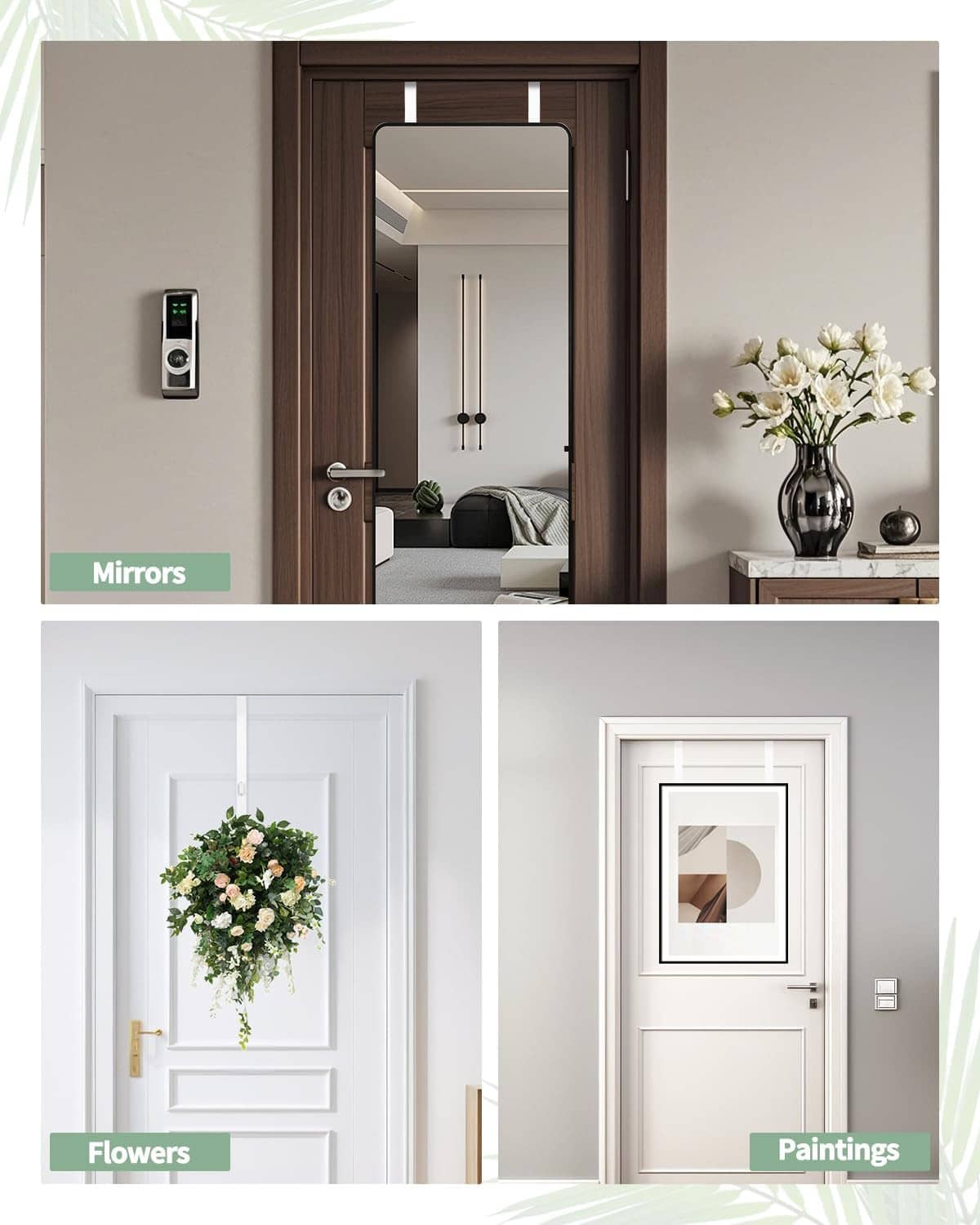 Over-the-door mirror hanger set shown on door for mirrors, flowers, and artwork