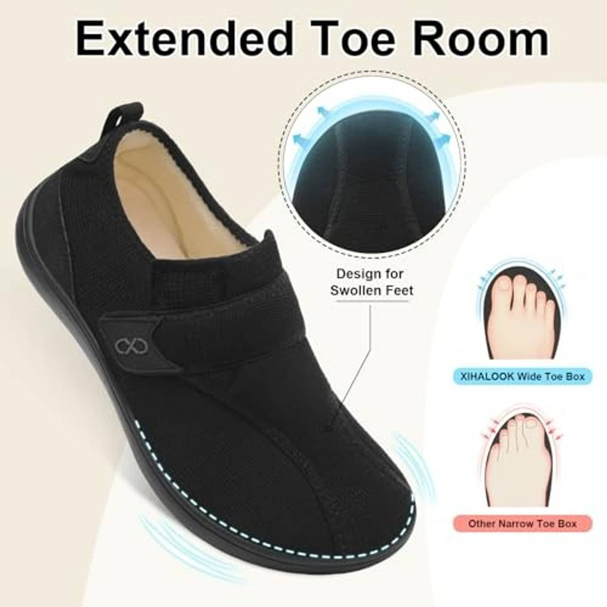 Black men's wide slippers with extended toe room and fuzzy inner lining