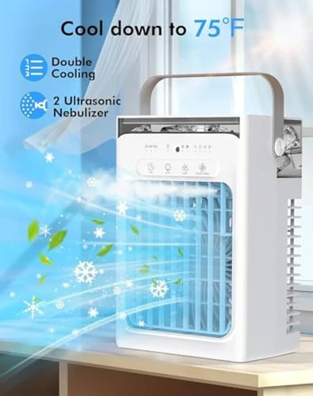 Gray evaporative mini AC cooler emitting cool mist from front grille