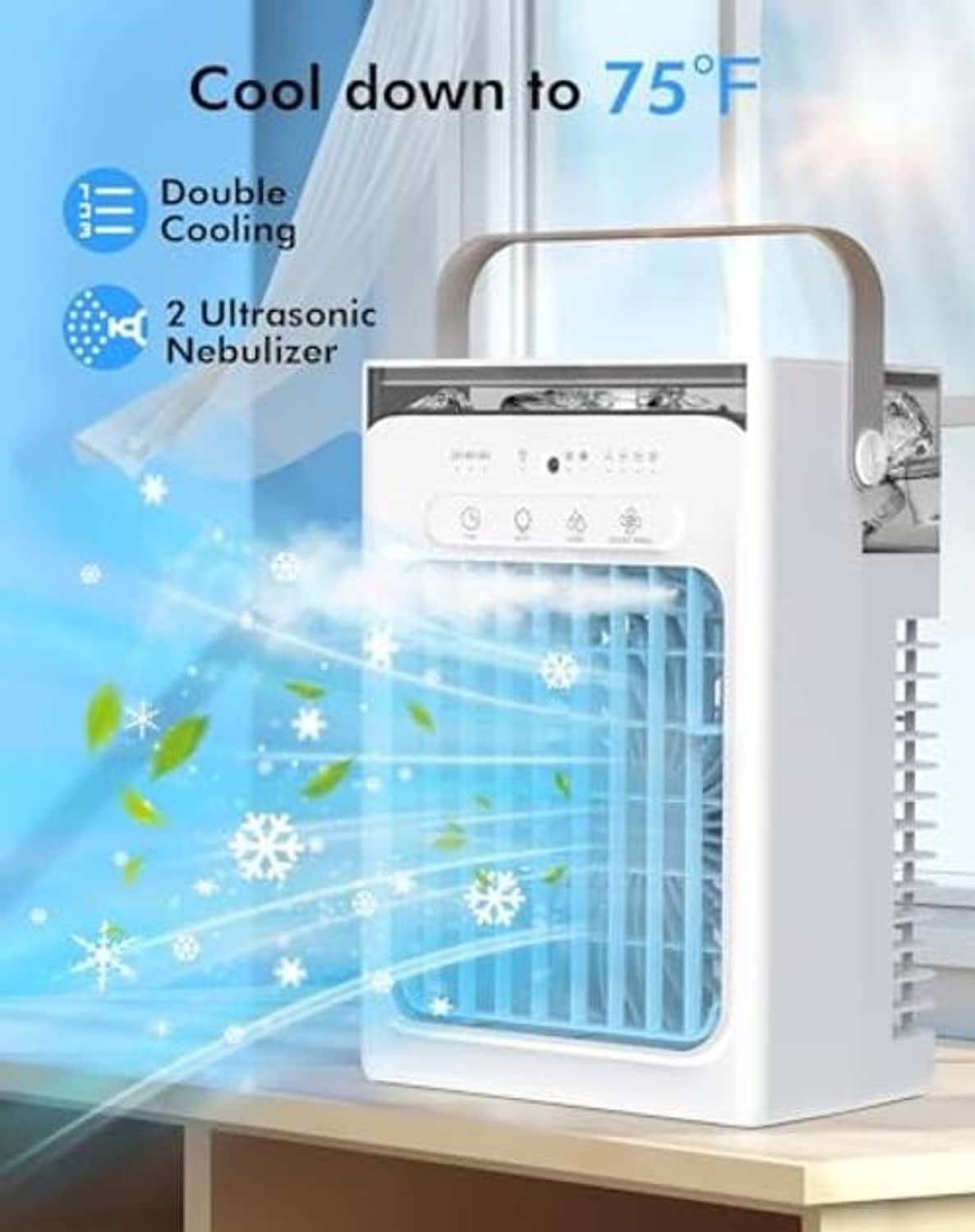 Gray evaporative mini AC cooler emitting cool mist from front grille