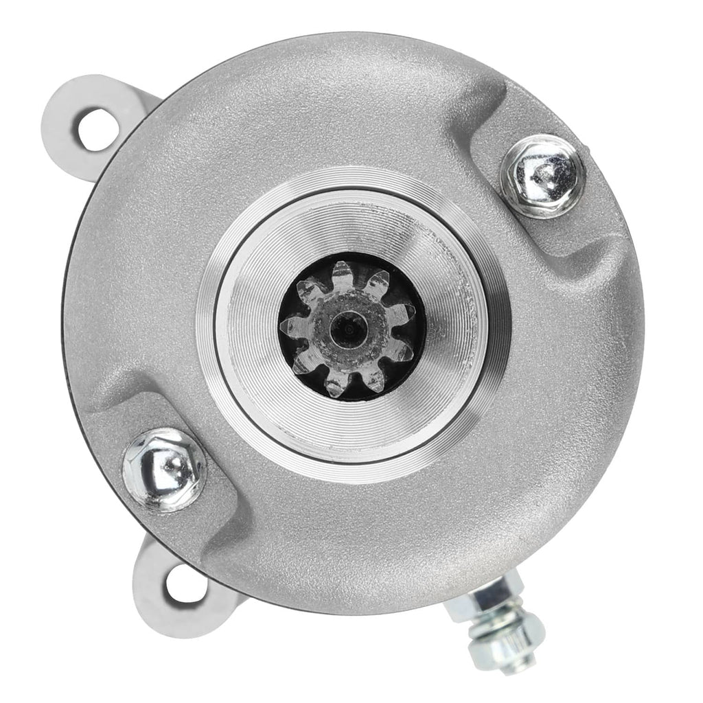 ATV starter motor end housing with circular plate, bolt holes, and cable connector stud