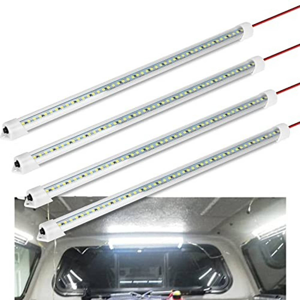 Three slim 12V LED light bars with white ends and red/black power wires