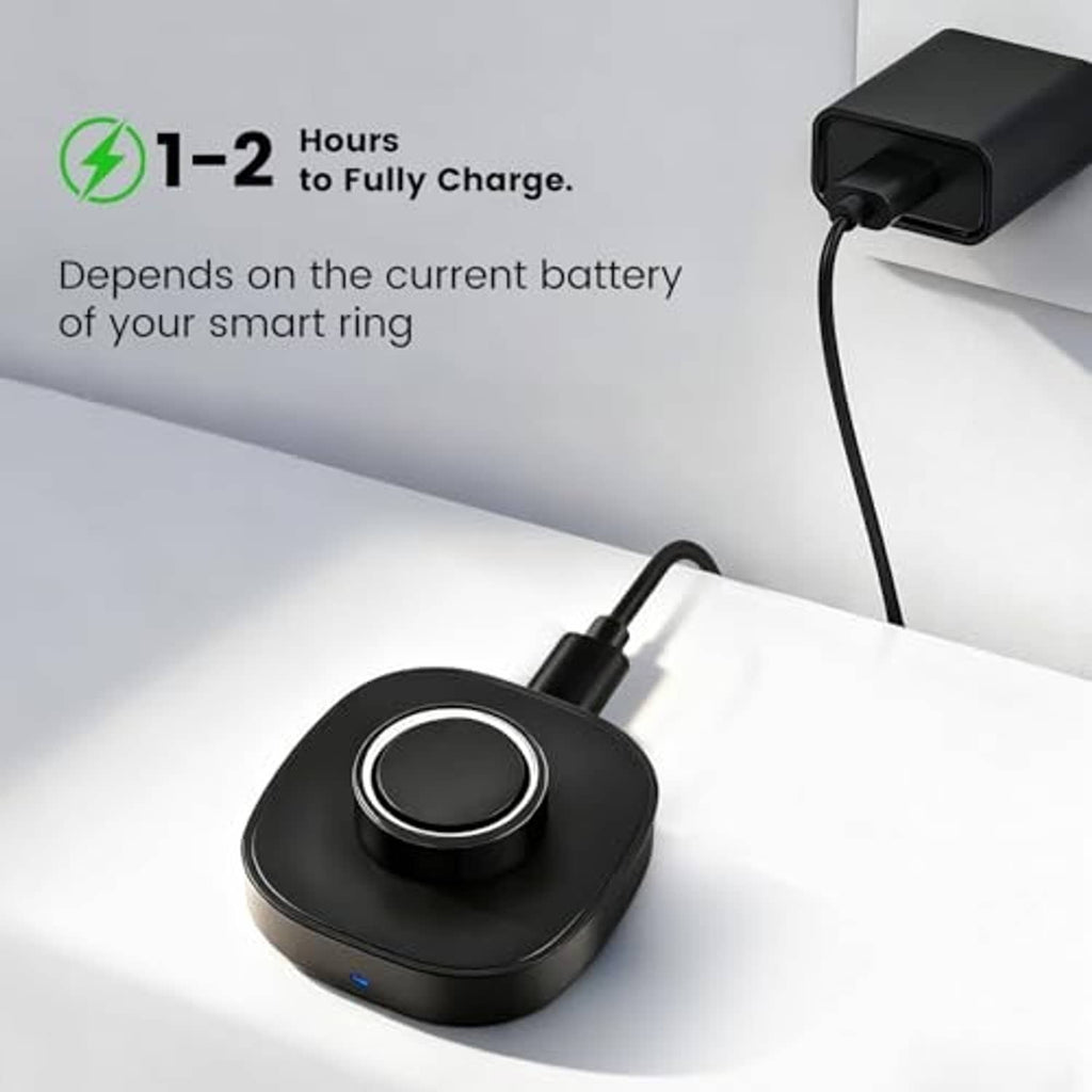 Black smart ring charger base with circular cradle and attached cable