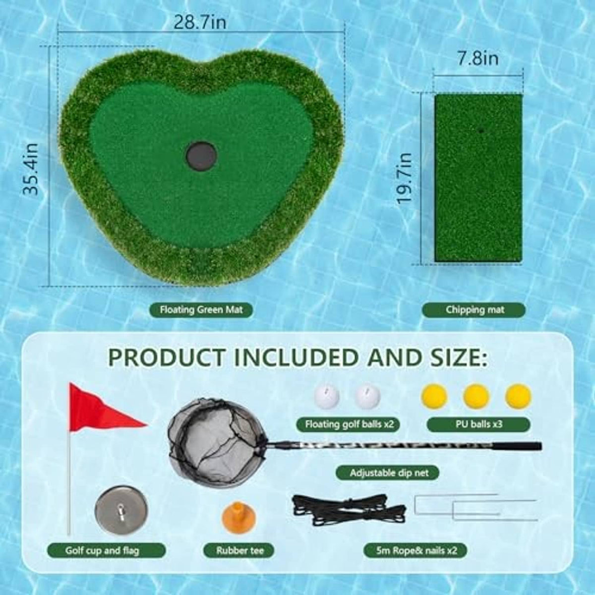 Heart-shaped floating golf green mat with size diagram in pool
