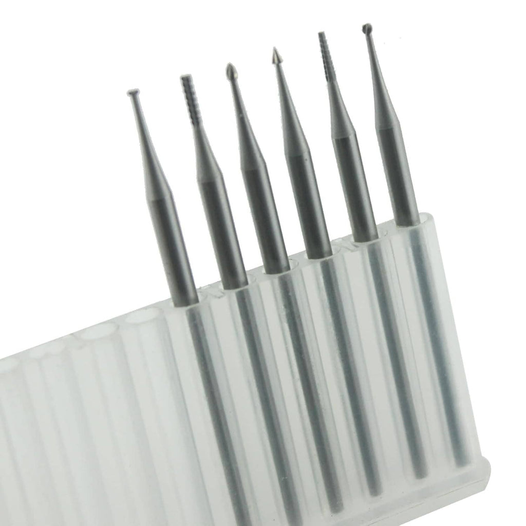 6-piece tungsten engraving router bits, 3/32in shanks, in clear plastic holder