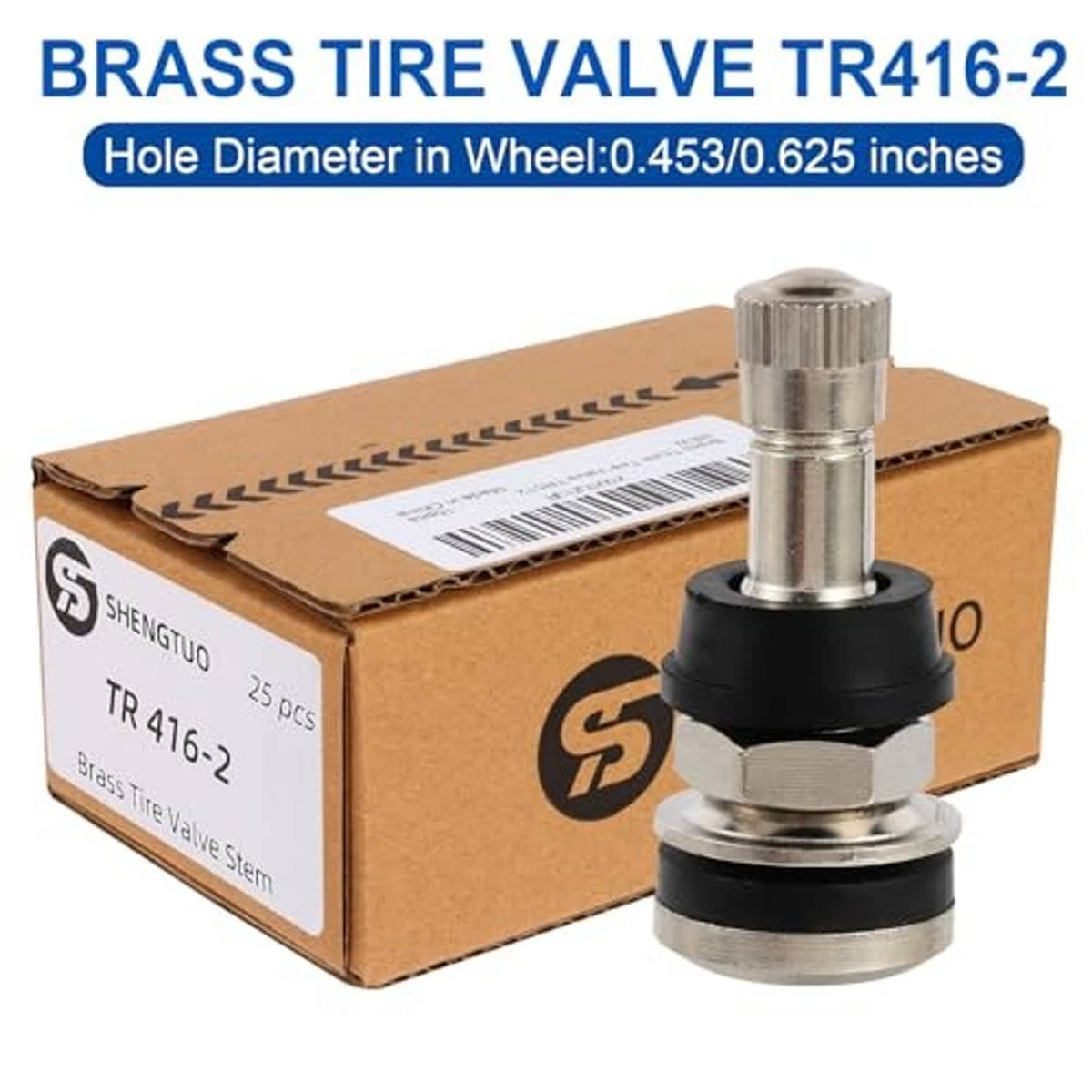 Brass tire valve stem on black rubber base with retail package box