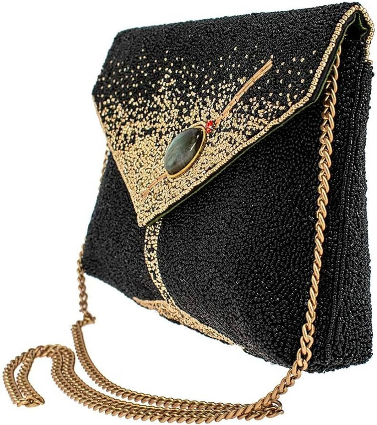 Black beaded clutch with gold-trim flap, oval gem clasp, and long gold chain strap