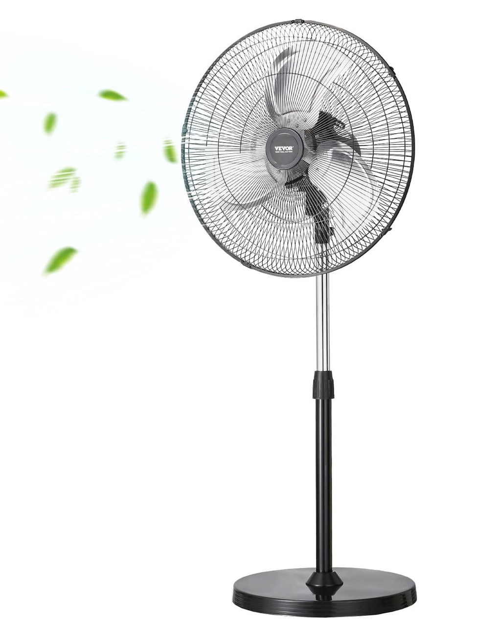 Black 18-inch industrial pedestal fan with round wire grille and oscillating head