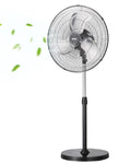 Black 18-inch industrial pedestal fan with round wire grille and oscillating head
