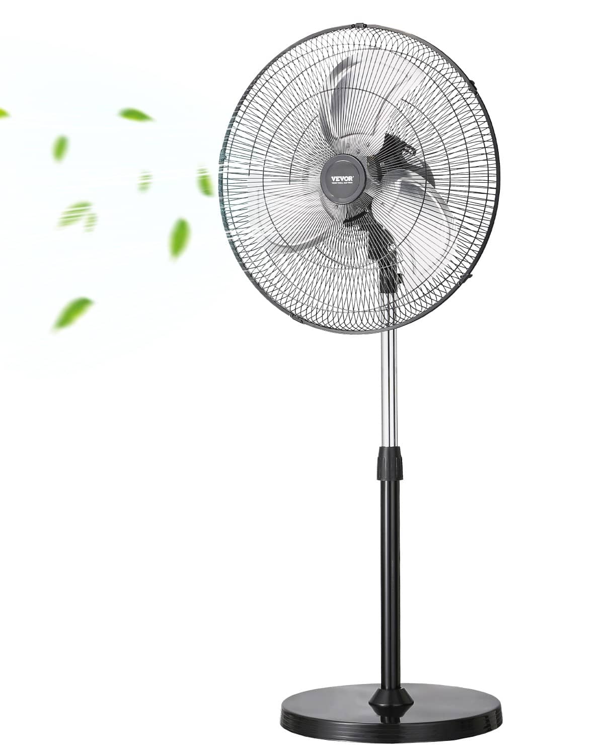 Black 18-inch industrial pedestal fan with round wire grille and oscillating head