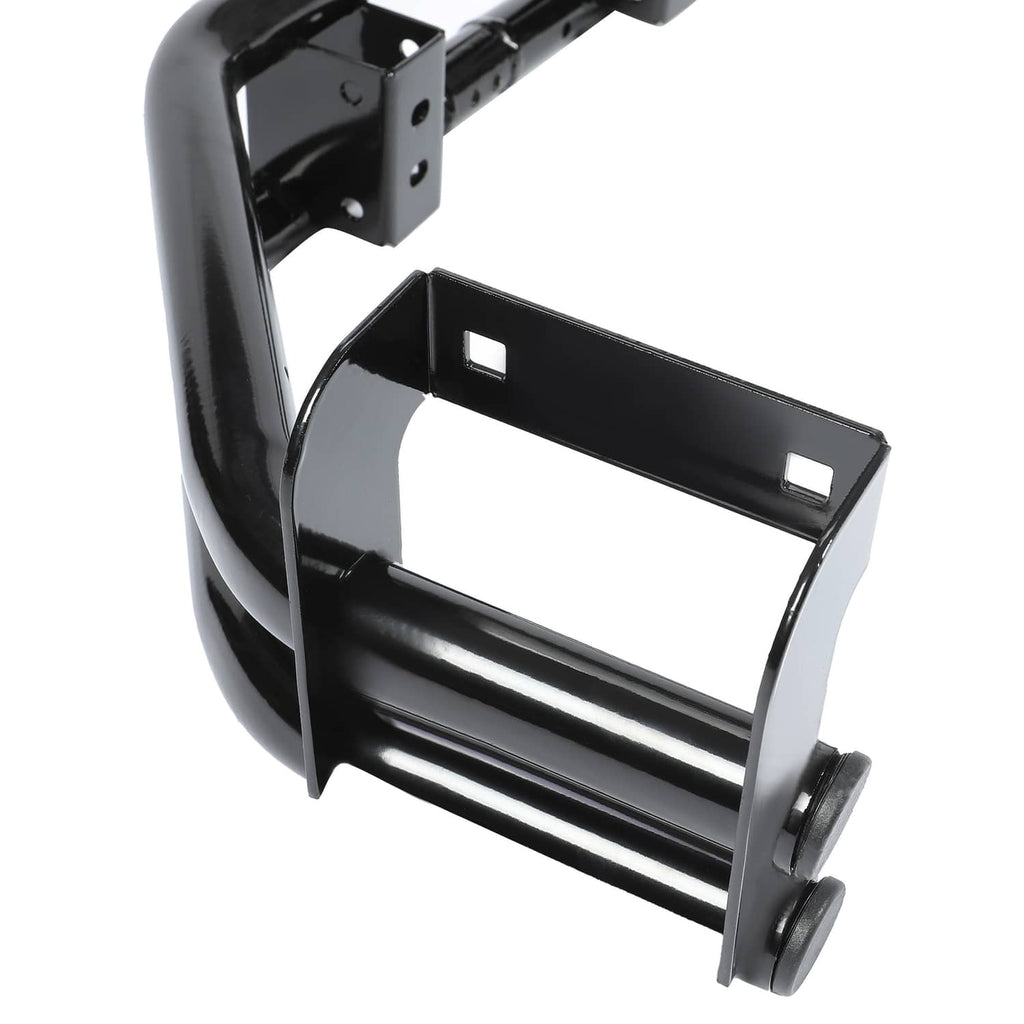 Black hitch mount bracket with rollers and curved bumper support bar