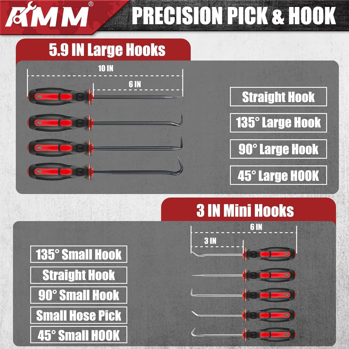 Hook and pick tool assortment chart with large and mini hook styles