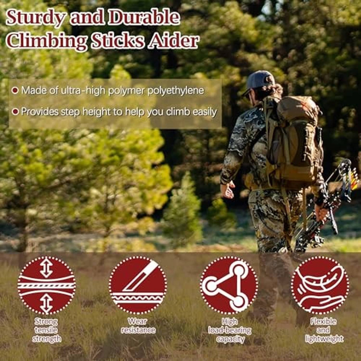 Climbing stick step aide strap with durable black rope loop for step height assistance.