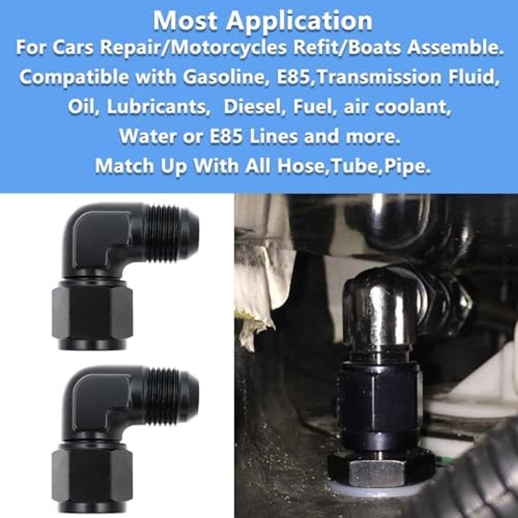 Set of two 90° black AN swivel fittings with threaded hose or tube ends