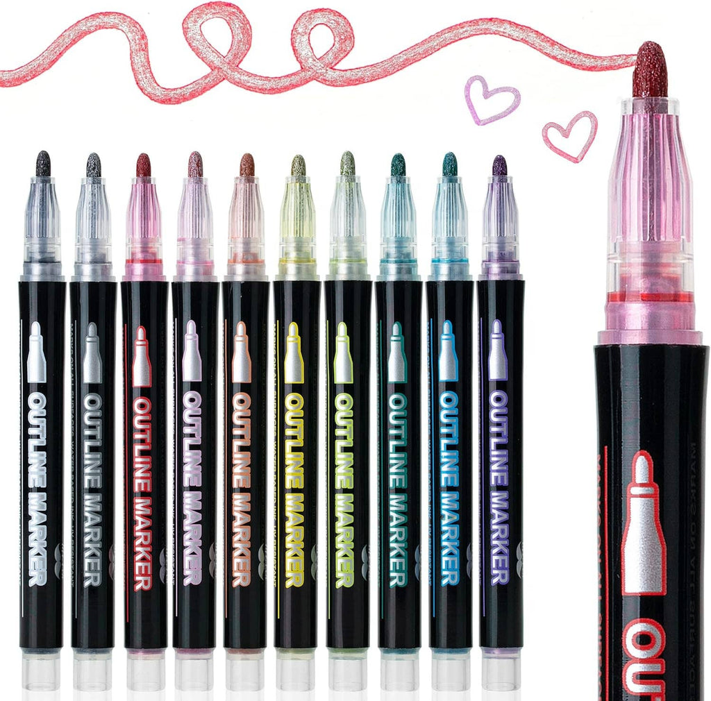 Metallic dual-line outline markers, 10-pack, assorted ink colors with pink cap.