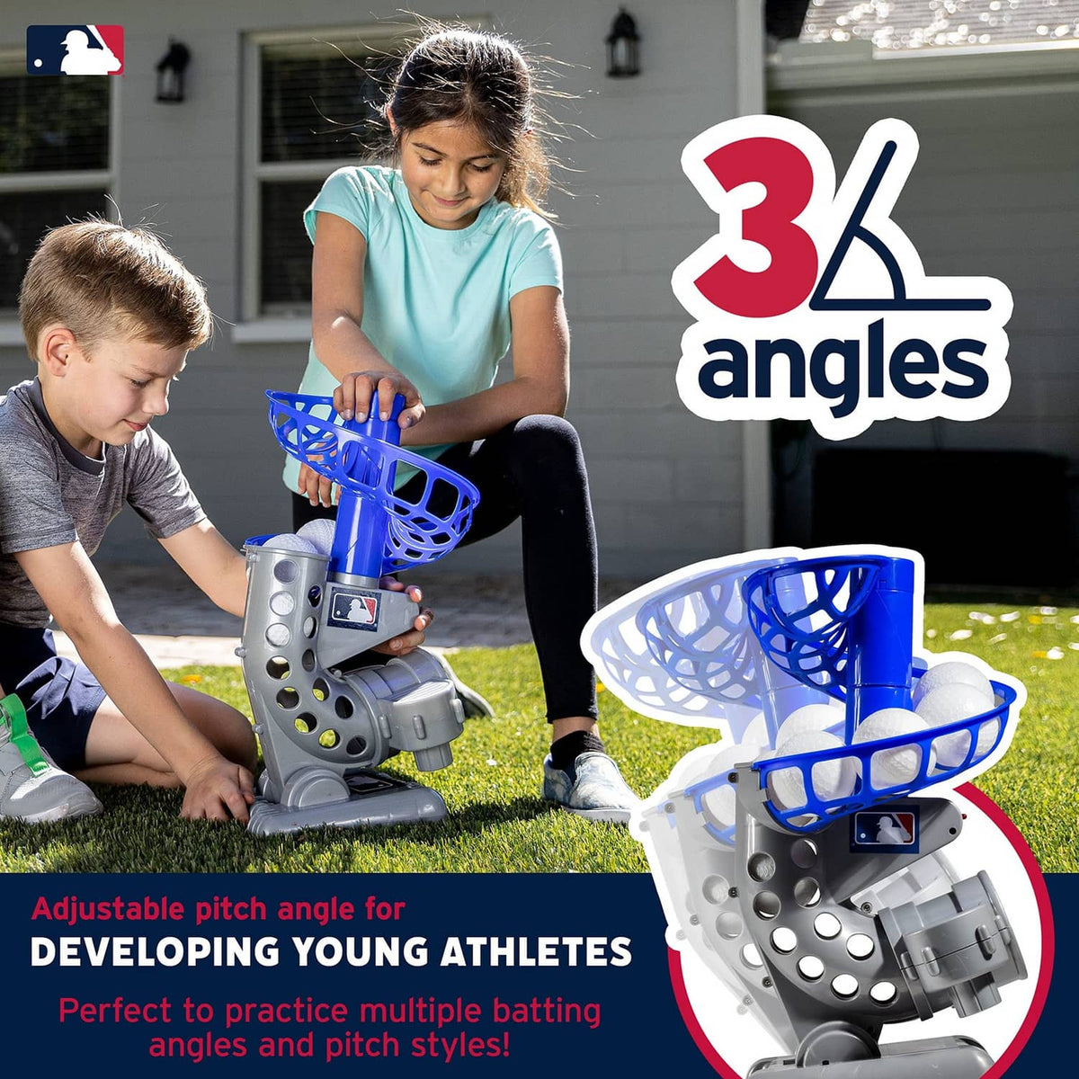 Adjustable 3-angle pitching machine with blue cage on grass, kids playing nearby