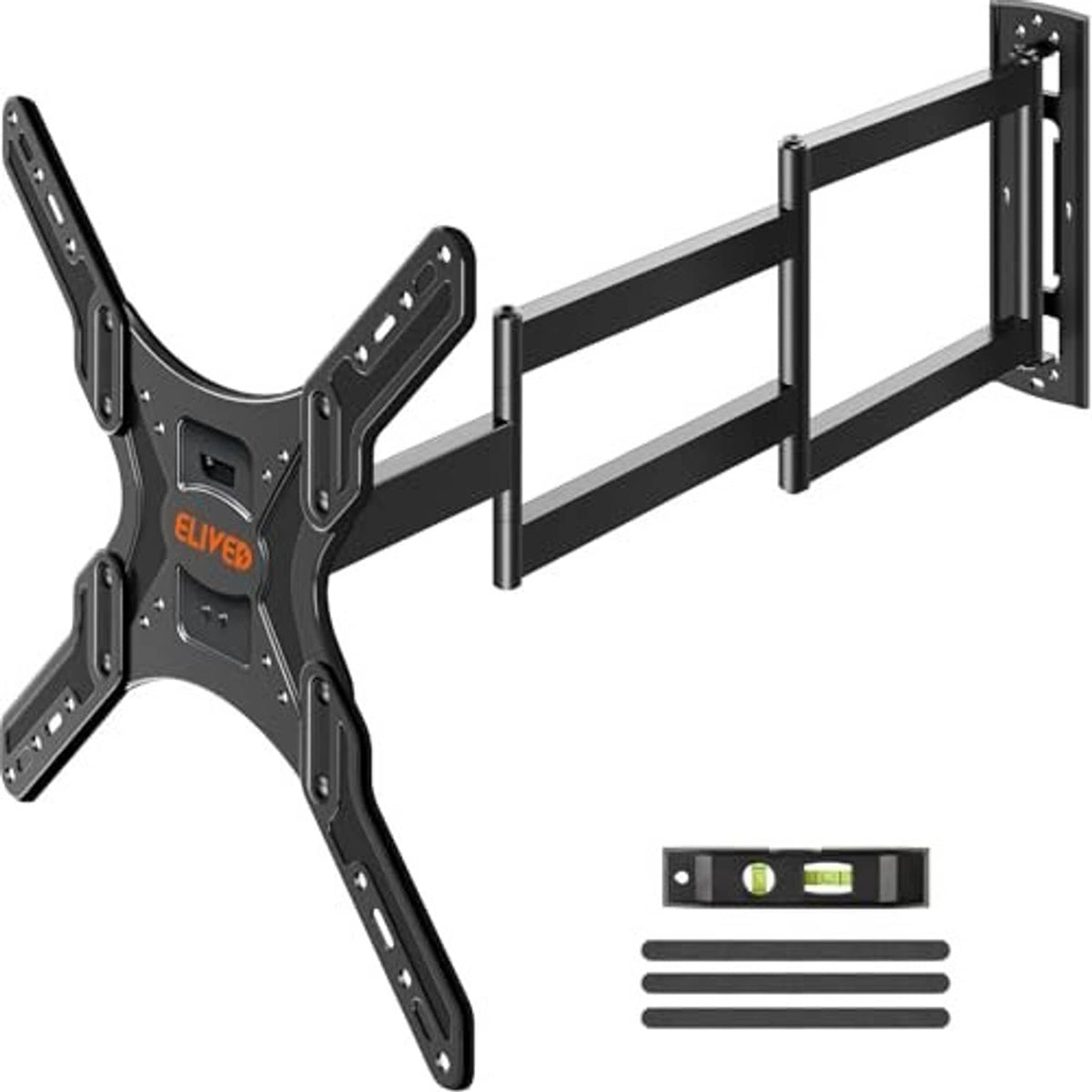 Black long-arm TV wall mount with extended support arms and mounting hardware