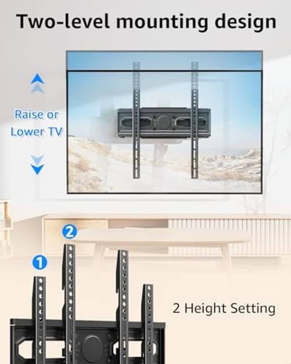 TV wall mount with two-height mounting rail setup and adjustment slots, black