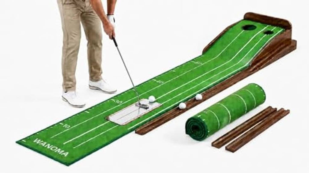 Green putting mat with wooden sides, alignment lanes, golf balls, and rolled spare turf