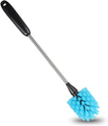 Bottle cleaning brush with long stainless steel handle, black grip, and blue bristle head