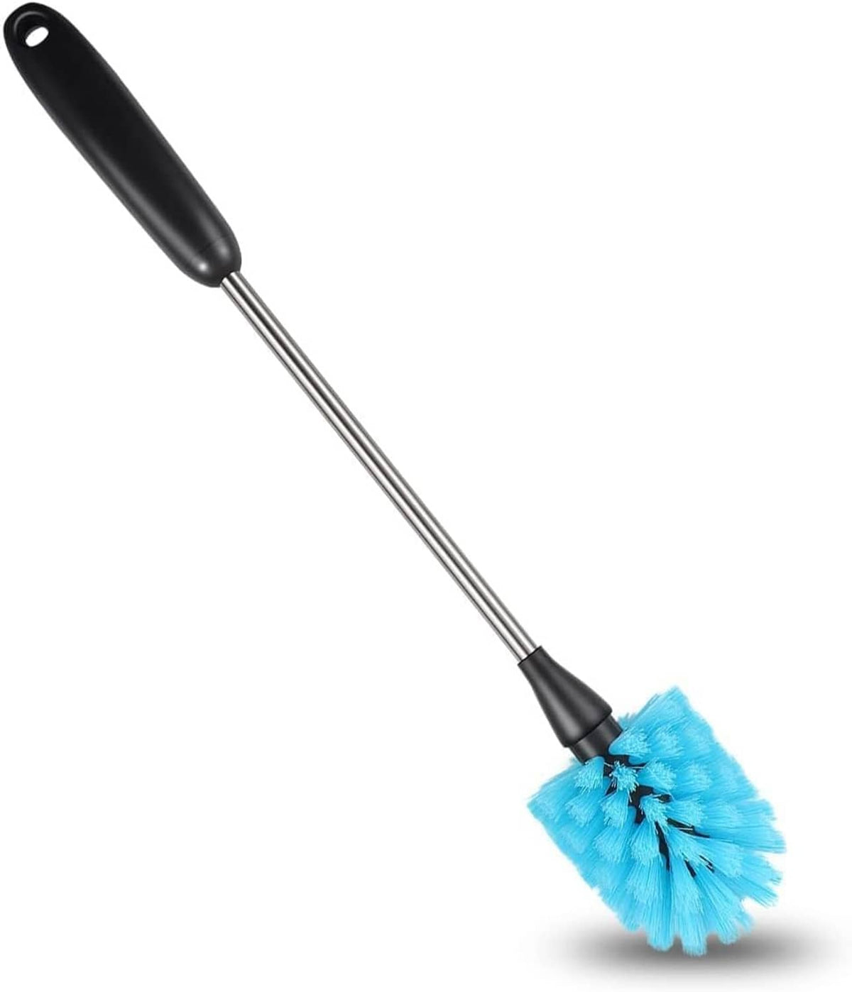 Bottle cleaning brush with long stainless steel handle, black grip, and blue bristle head