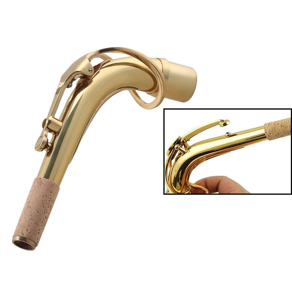 Brass saxophone bend neck assembly with tone-ring mount and cork pad