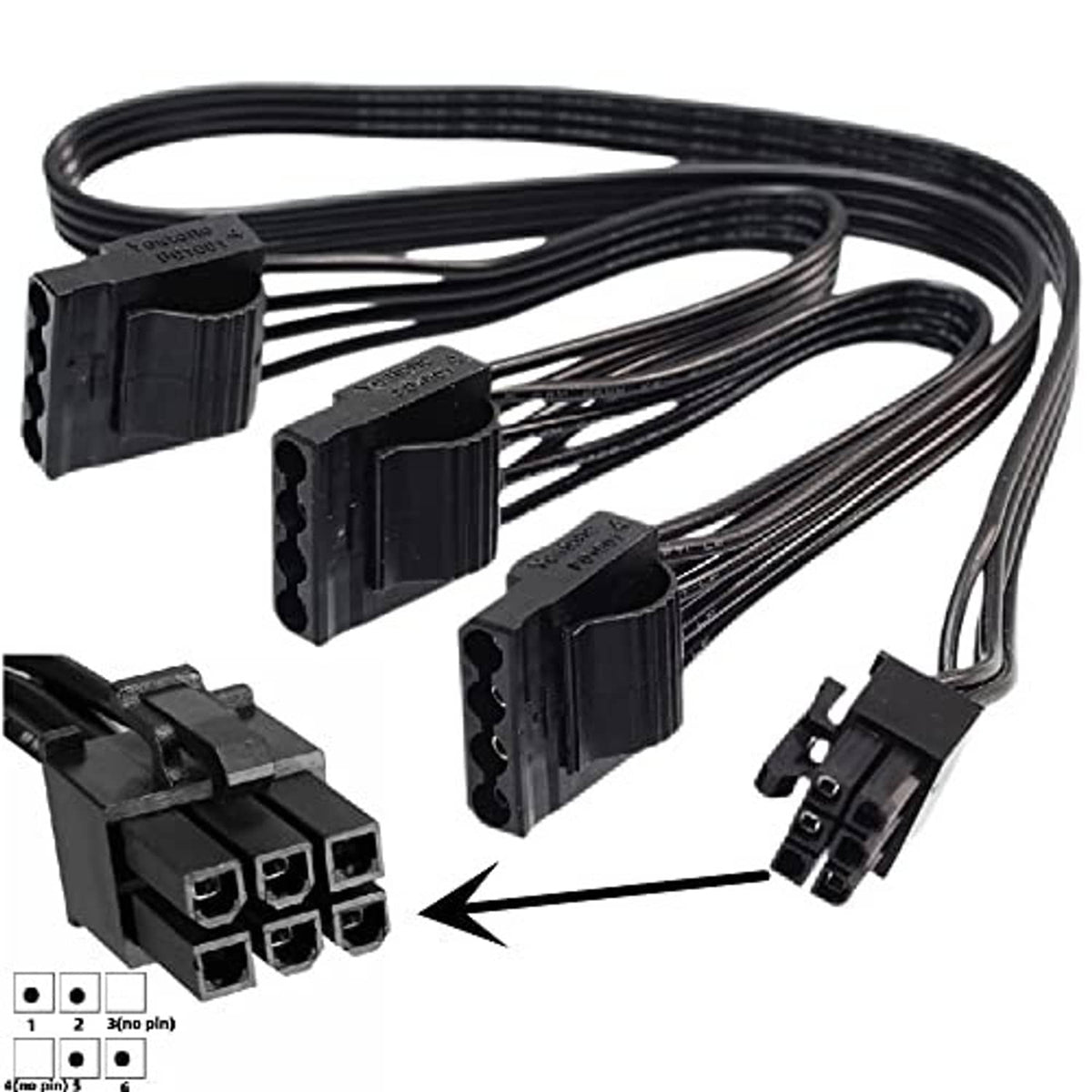 Black 6-pin PSU connector with three 4-pin HDD power connectors on a single cable