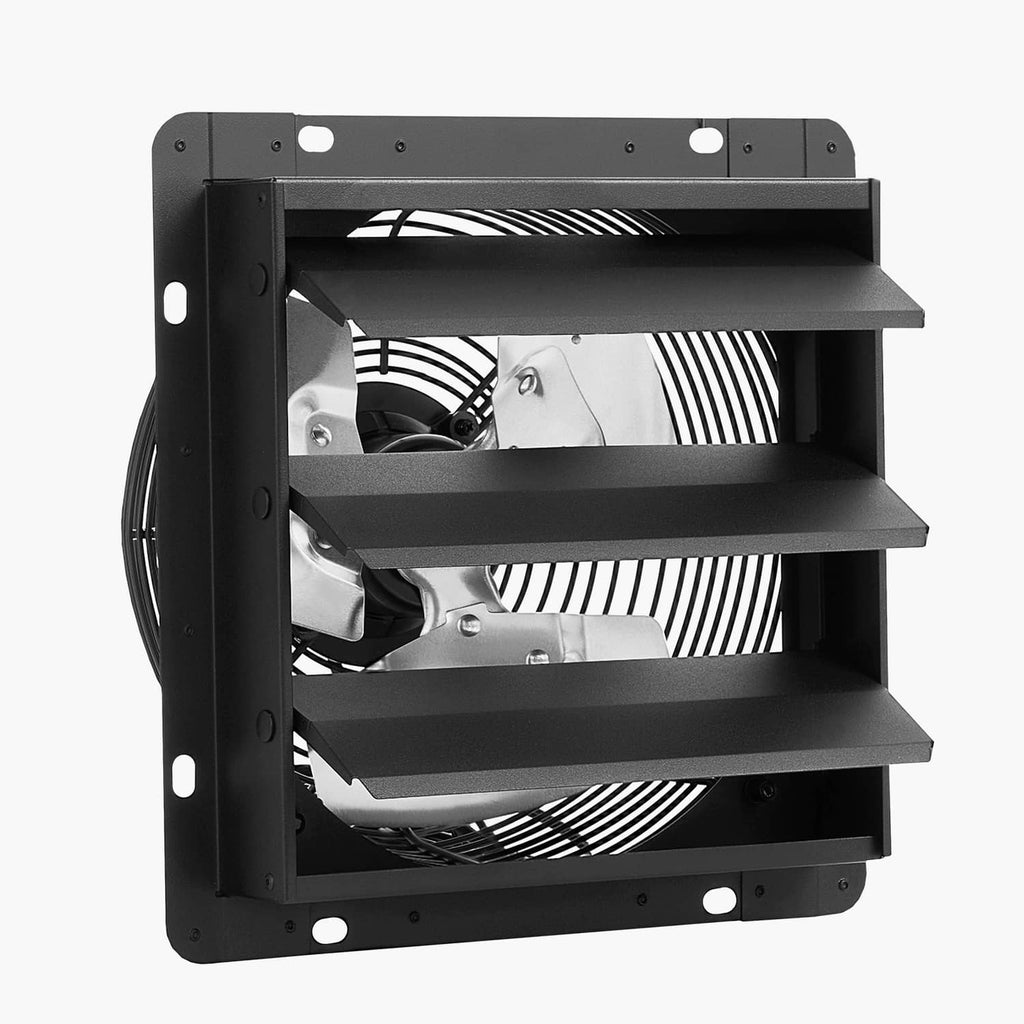 12-inch wall-mount shutter exhaust fan front view with black frame and louver housing