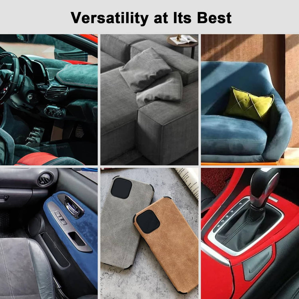 Suede-like wrap applied to car seats, console, and a phone case