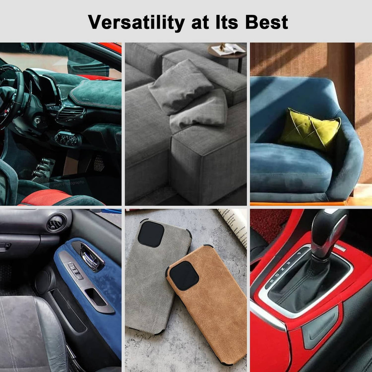 Suede-like wrap applied to car seats, console, and a phone case
