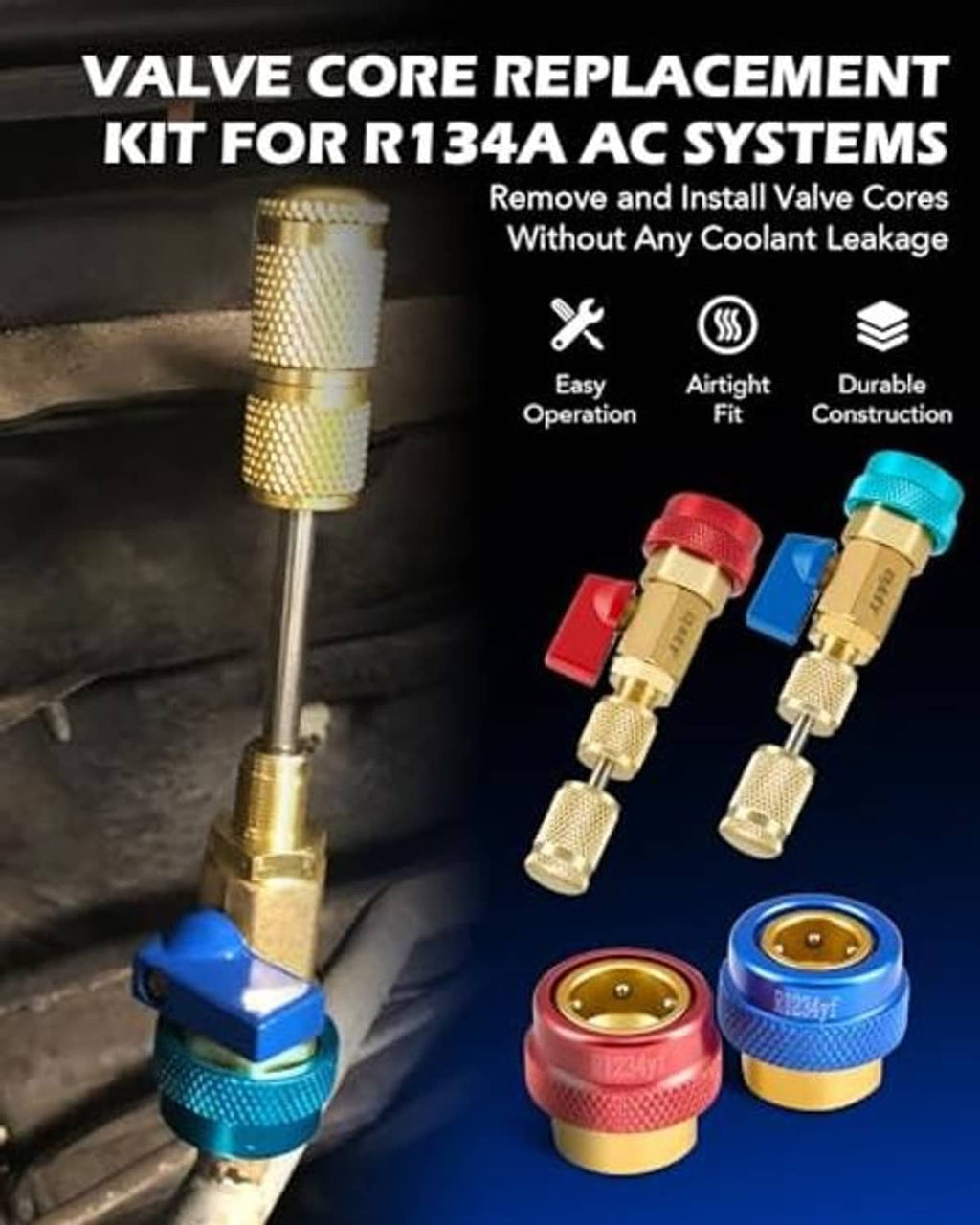 Valve core replacement tool with gold stem coupler and blue/red caps plus extra parts