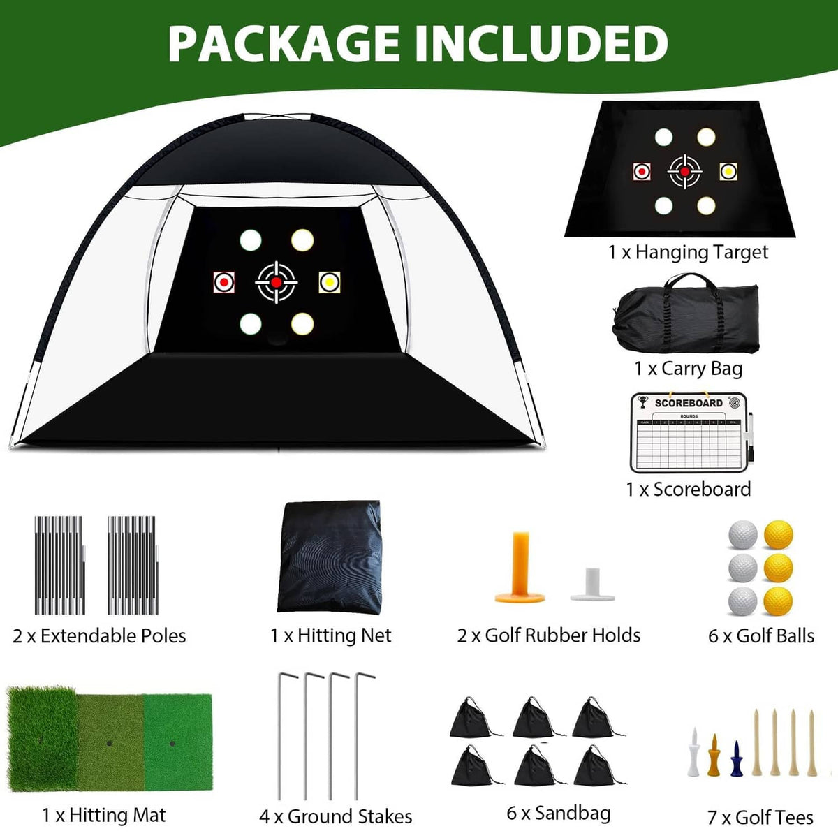 RivetOak Golf Net, 10x7 Ft Practice Hitting Net with Tri-Turf 10 x 7 Ft, Black