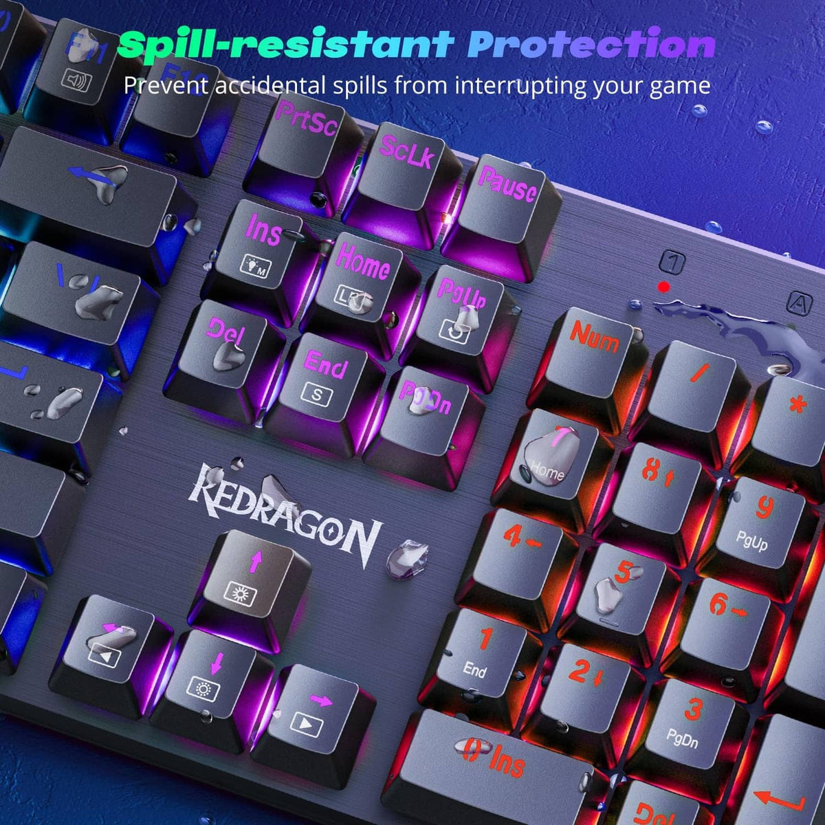 Mechanical gaming keyboard with RGB backlit keys and redragon logo on black frame.