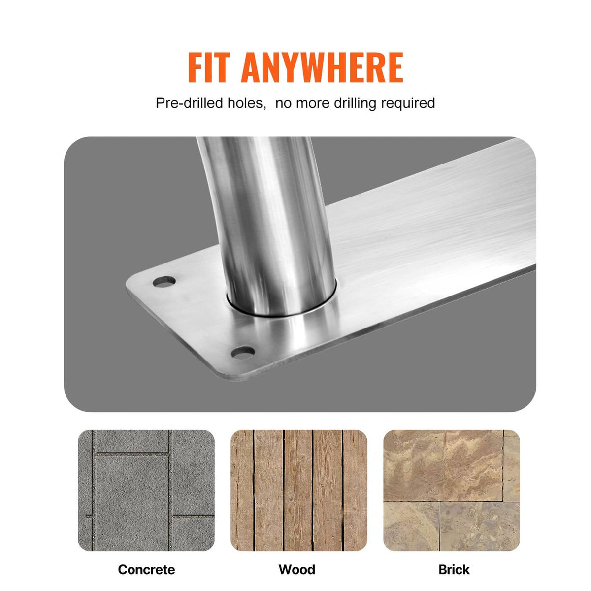Stainless steel handrail base plate with pre-drilled holes for concrete, wood, or brick mounting