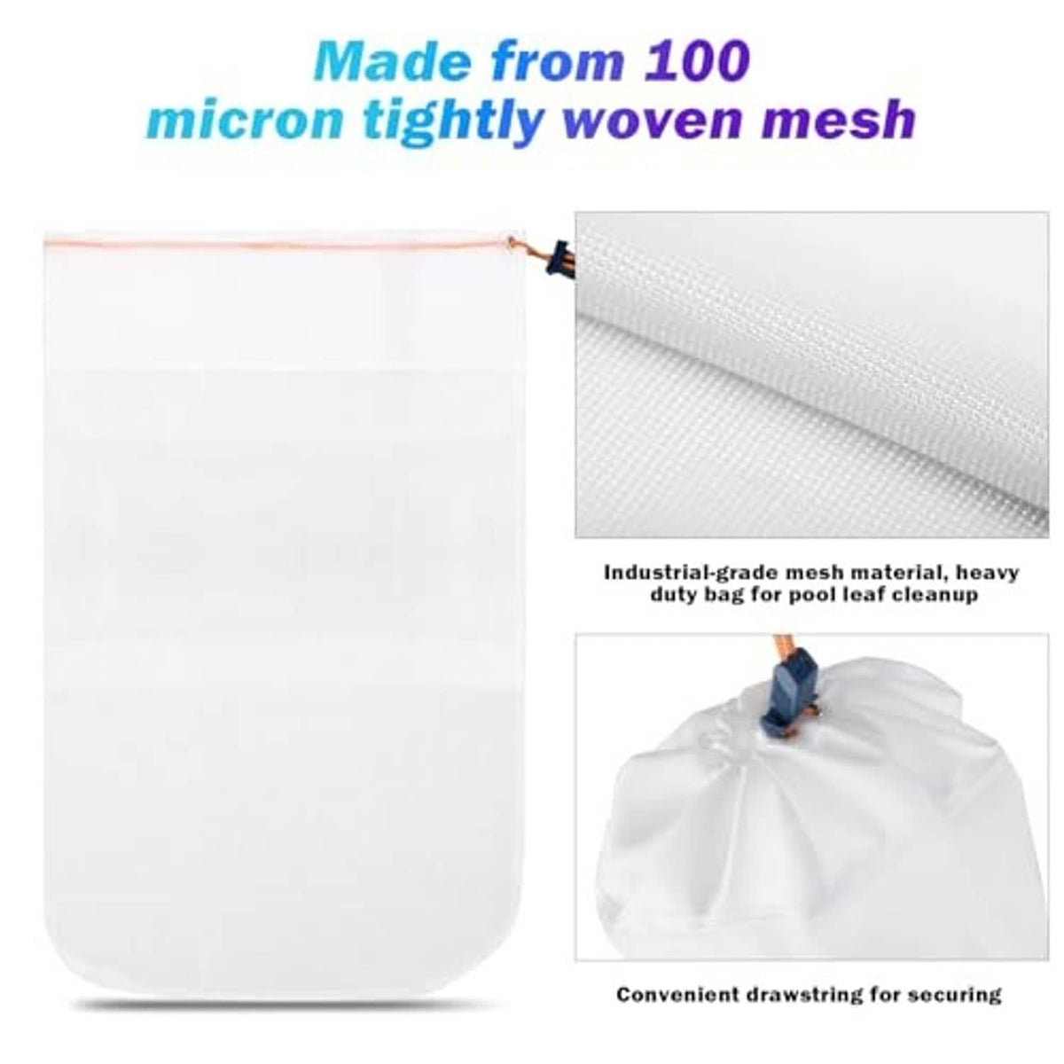 White fine mesh pool debris bag with orange drawstring; woven mesh texture