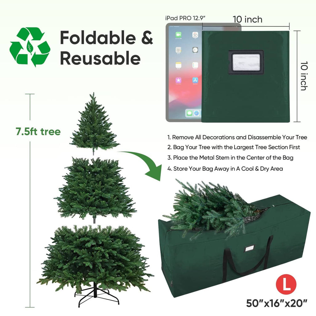 Green foldable Christmas tree storage bag with side handles and small label window