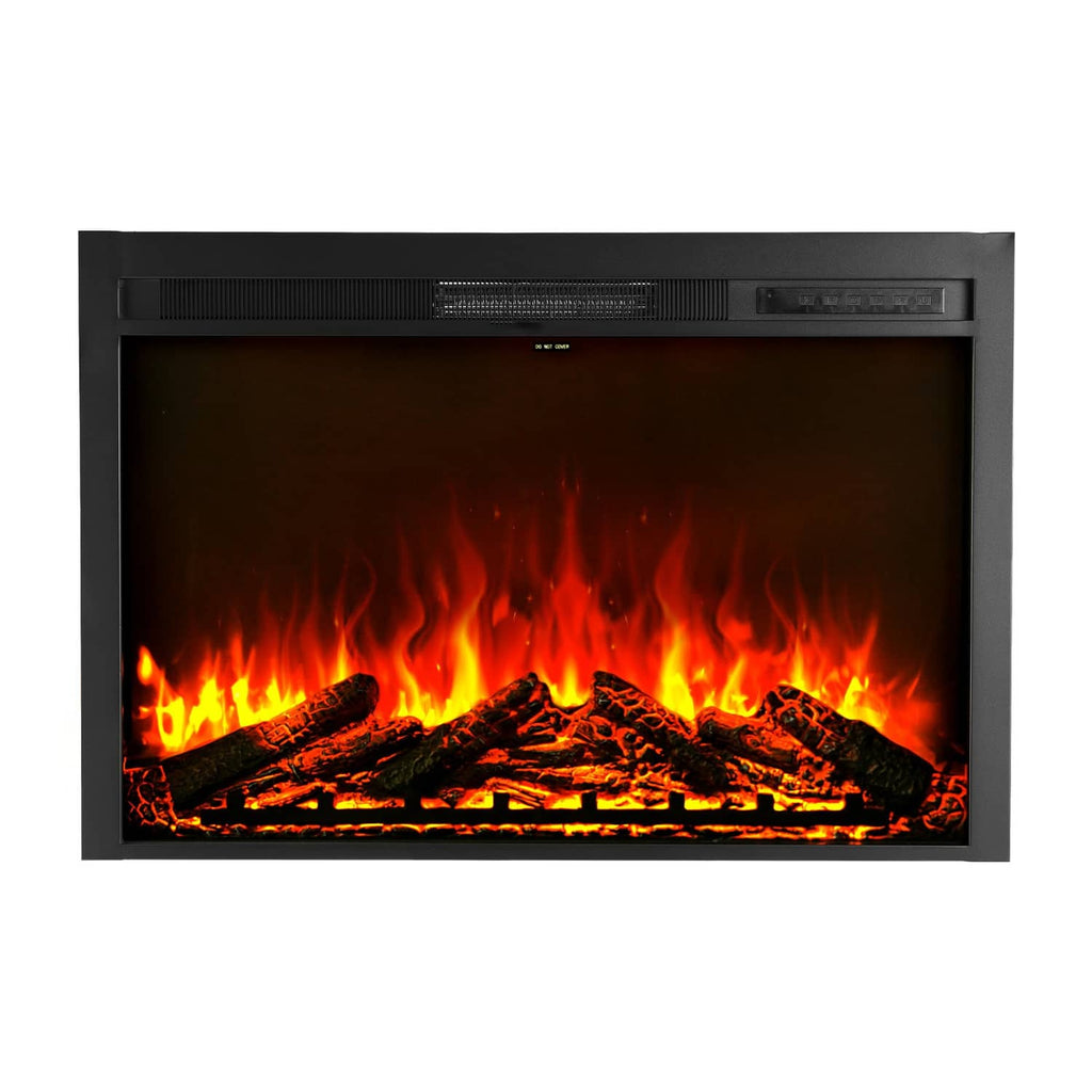 Electric fireplace insert with black frame and realistic glowing flame display
