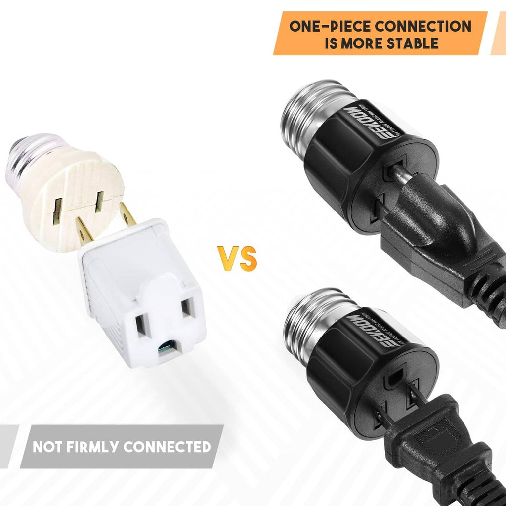 Light socket adapter with one-piece plug connection, black housing and 3-prong outlet