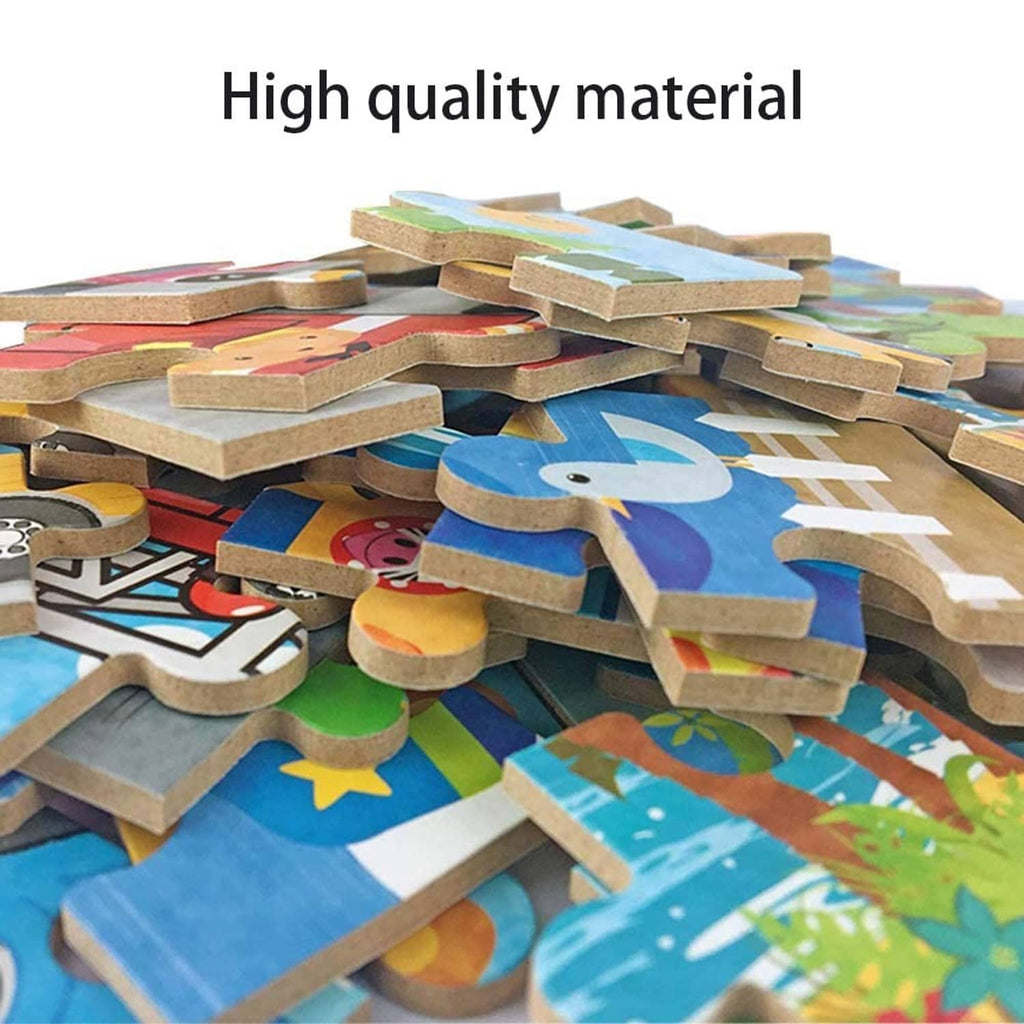 Pile of wooden animal jigsaw puzzle pieces with colorful printed shapes