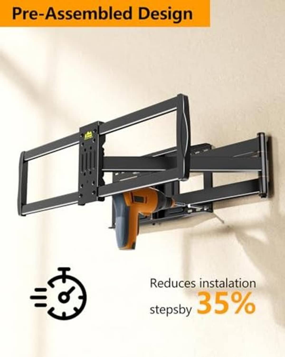 Pre-assembled full-motion TV wall mount with slim arms and central plate