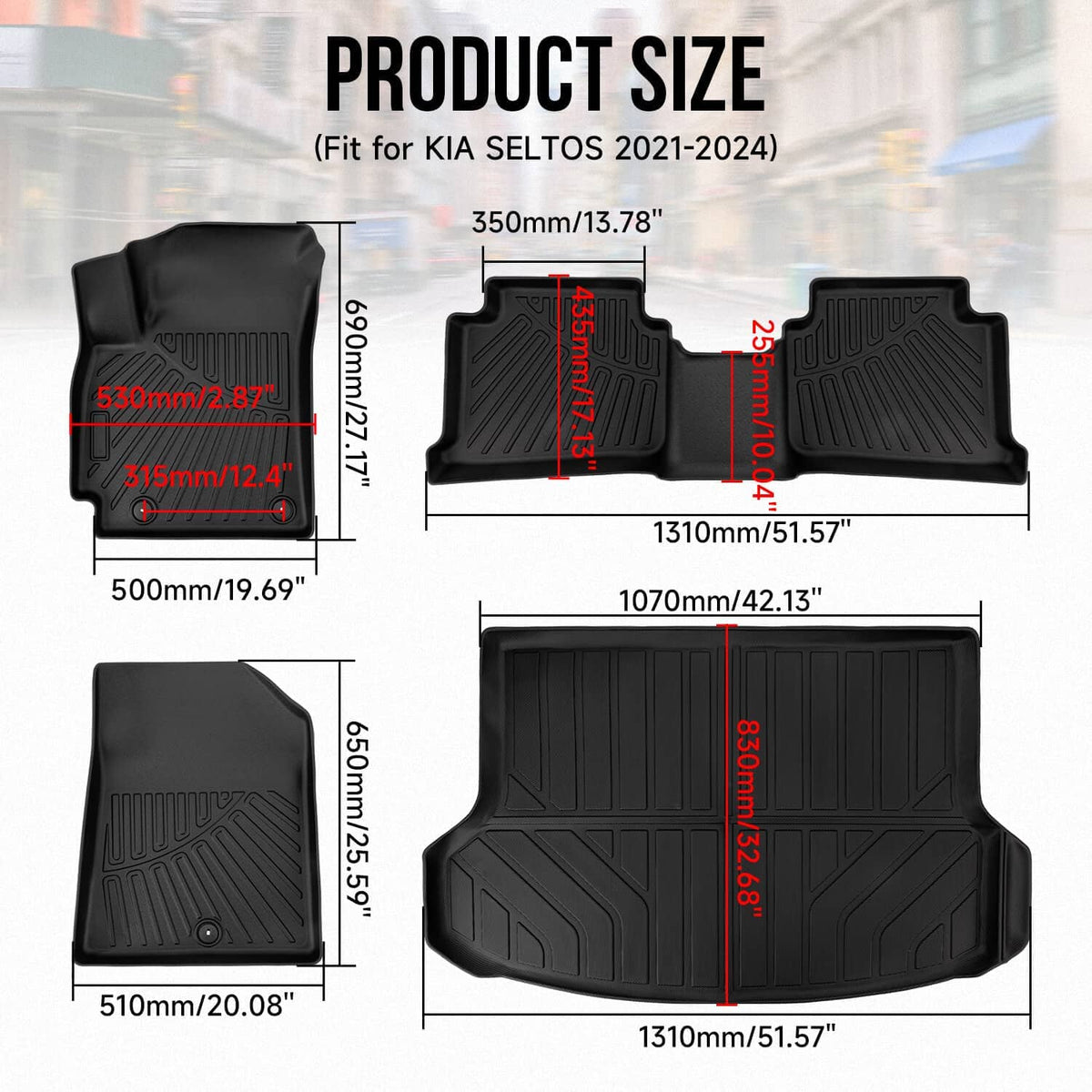 Black 3D molded TPE floor mat set with deep ridges and raised side walls