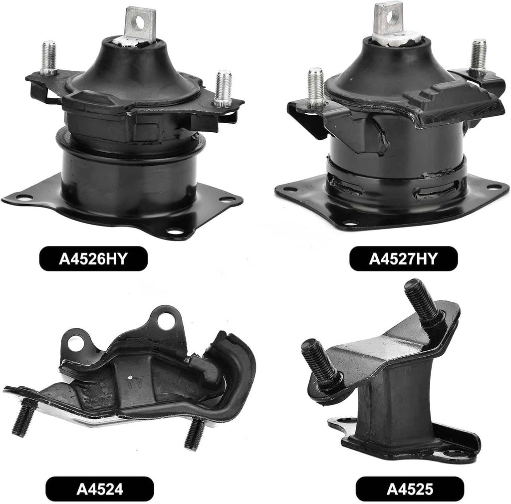 Set of black engine and transmission mounts with rubber isolators and metal studs